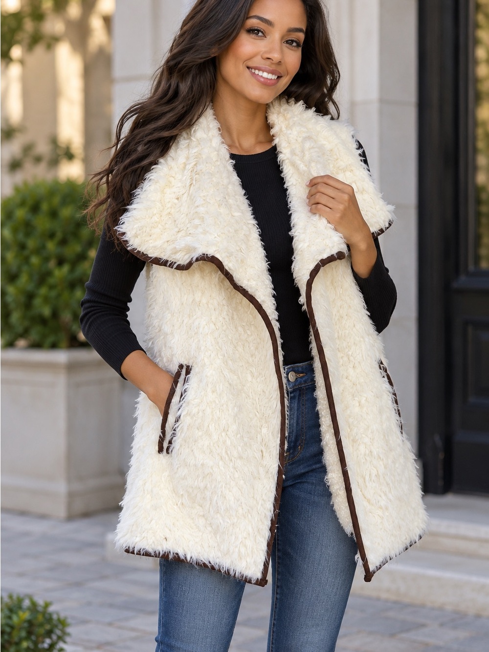 Cream Faux Fur woman's Vest with Brown Trim